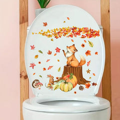 Autumn Maple Leaf Pumpkin Squirrel Toilet Sticker Bathroom Decor