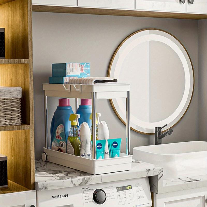 2 Tier Bathroom Organizer with Hooks Storage Rack Under Sink Organizers
