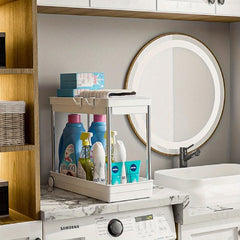 2 Tier Bathroom Organizer with Hooks Storage Rack Under Sink Organizers