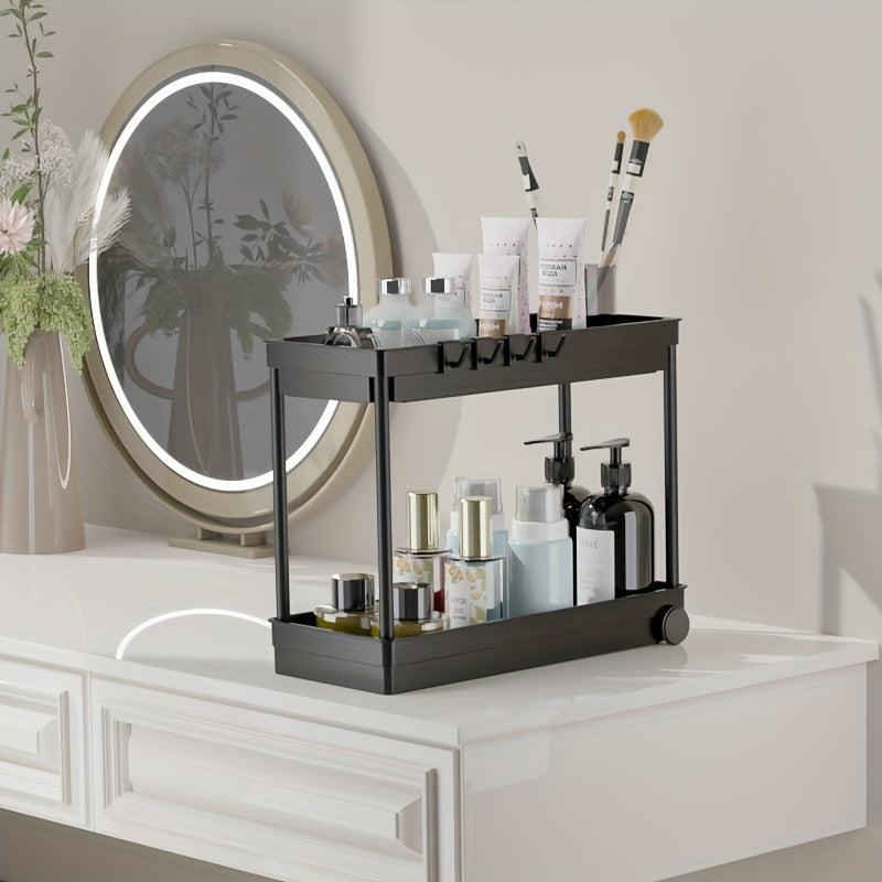 2 Tier Bathroom Organizer with Hooks Storage Rack Under Sink Organizers
