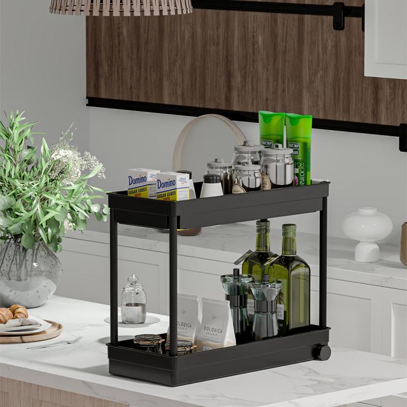 2 Tier Bathroom Organizer with Hooks Storage Rack Under Sink Organizers