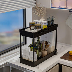 2 Tier Bathroom Organizer with Hooks Storage Rack Under Sink Organizers