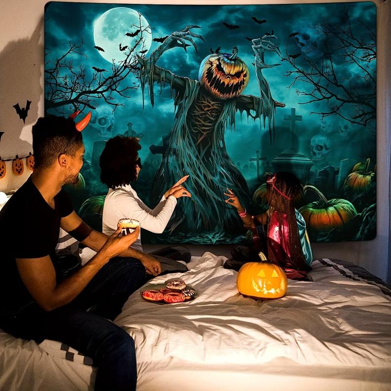 Horror Skeleton Ghost Graveyard Pumpkin Tapestry Wall Hanging