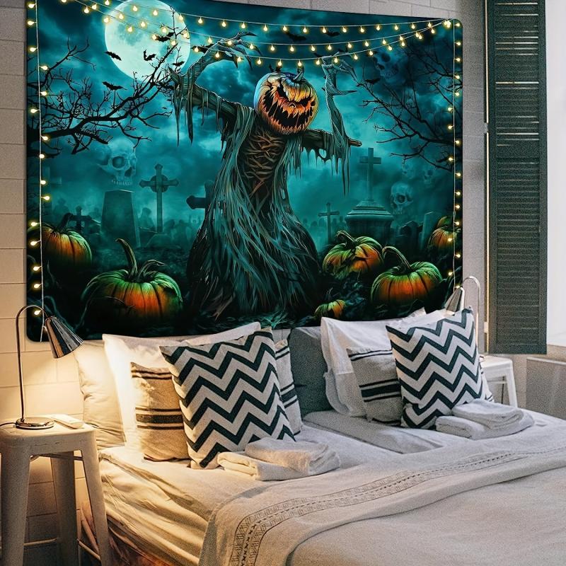 Horror Skeleton Ghost Graveyard Pumpkin Tapestry Wall Hanging