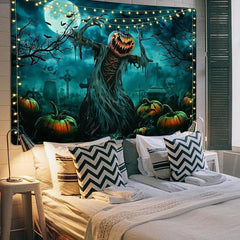 Horror Skeleton Ghost Graveyard Pumpkin Tapestry Wall Hanging