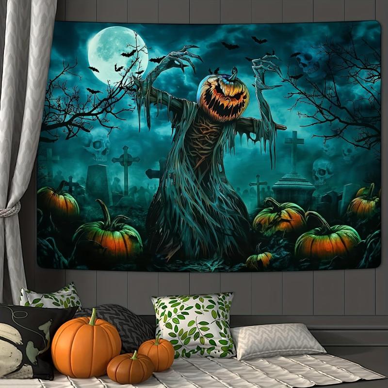 Horror Skeleton Ghost Graveyard Pumpkin Tapestry Wall Hanging