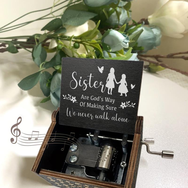 Sister Music Box & Wooden Engraved Mechanism Vintage Craft Gift