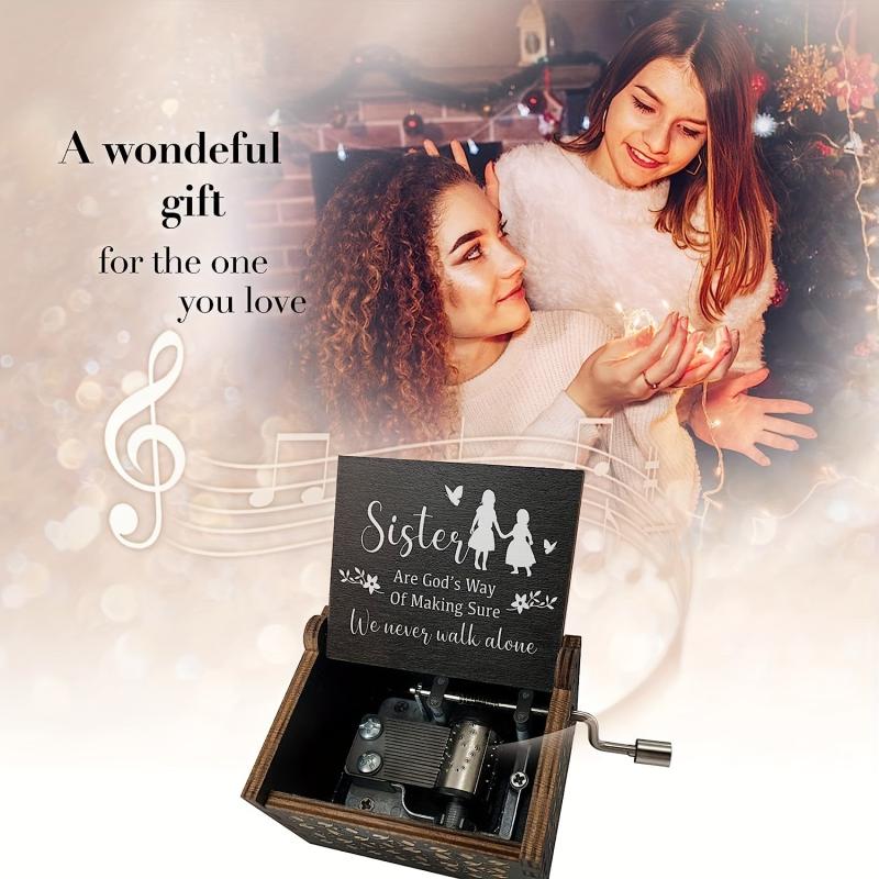 Sister Music Box & Wooden Engraved Mechanism Vintage Craft Gift