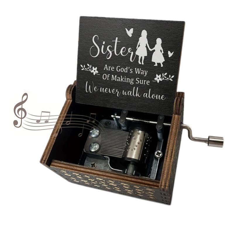 Sister Music Box & Wooden Engraved Mechanism Vintage Craft Gift
