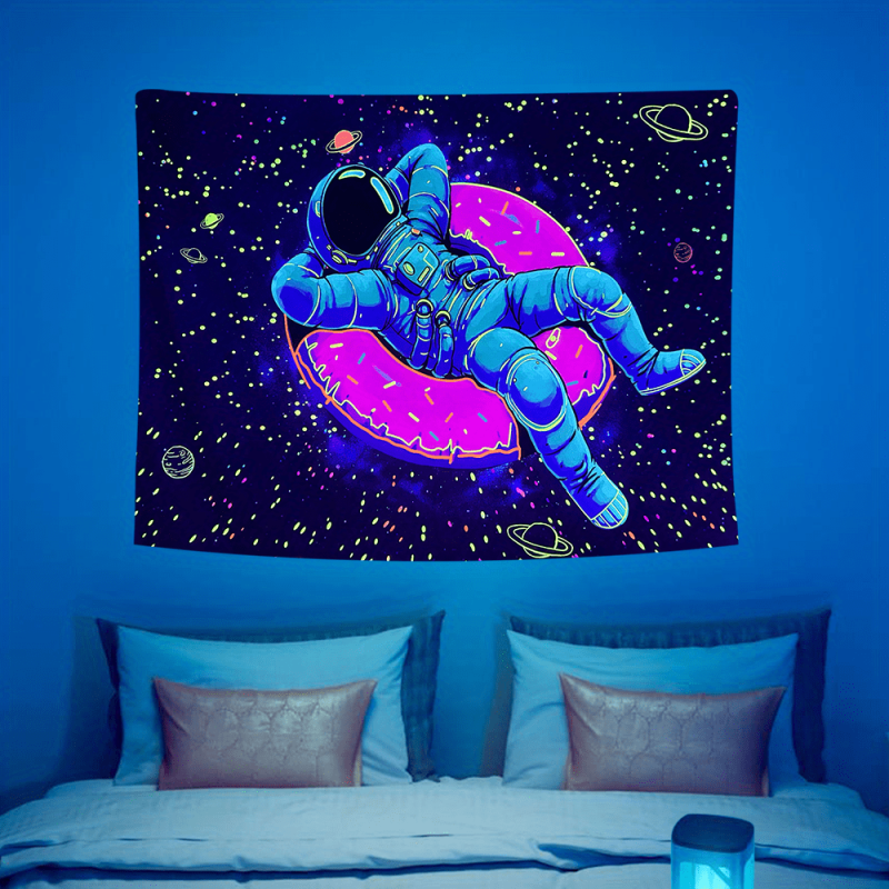 Fluorescent Astronaut Donut Tapestry Wall Hanging Peach Skin Velvet UV Light