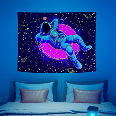 Fluorescent Astronaut Donut Tapestry Wall Hanging Peach Skin Velvet UV Light