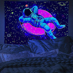 Fluorescent Astronaut Donut Tapestry Wall Hanging Peach Skin Velvet UV Light