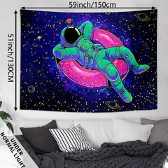 Fluorescent Astronaut Donut Tapestry Wall Hanging Peach Skin Velvet UV Light