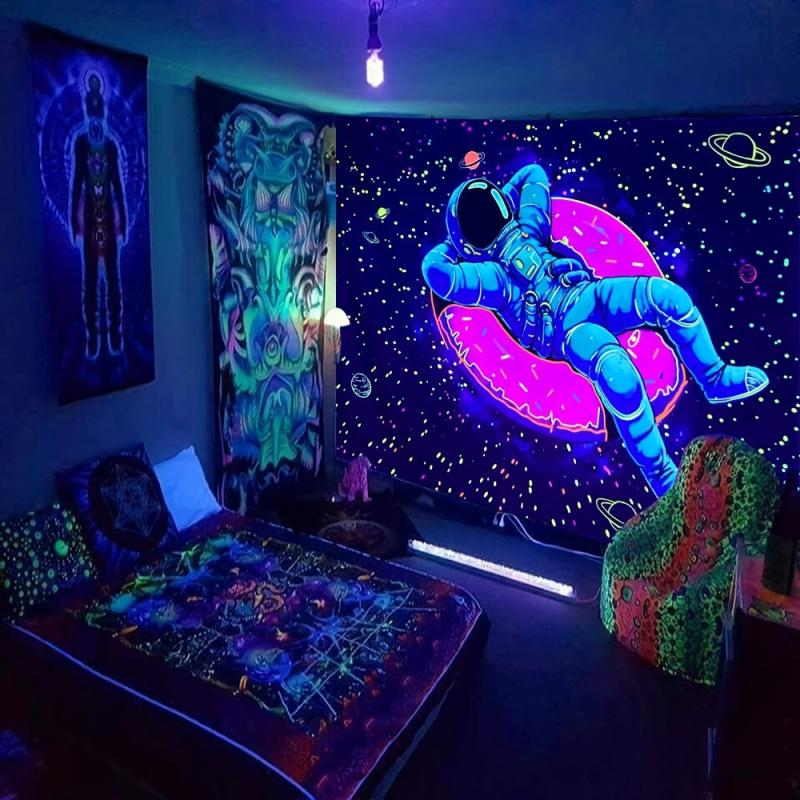Fluorescent Astronaut Donut Tapestry Wall Hanging Peach Skin Velvet UV Light