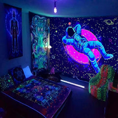 Fluorescent Astronaut Donut Tapestry Wall Hanging Peach Skin Velvet UV Light
