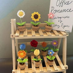 DIY Hand woven Mini Potted Flowers Crochet Artificial Plant Home Office Decor