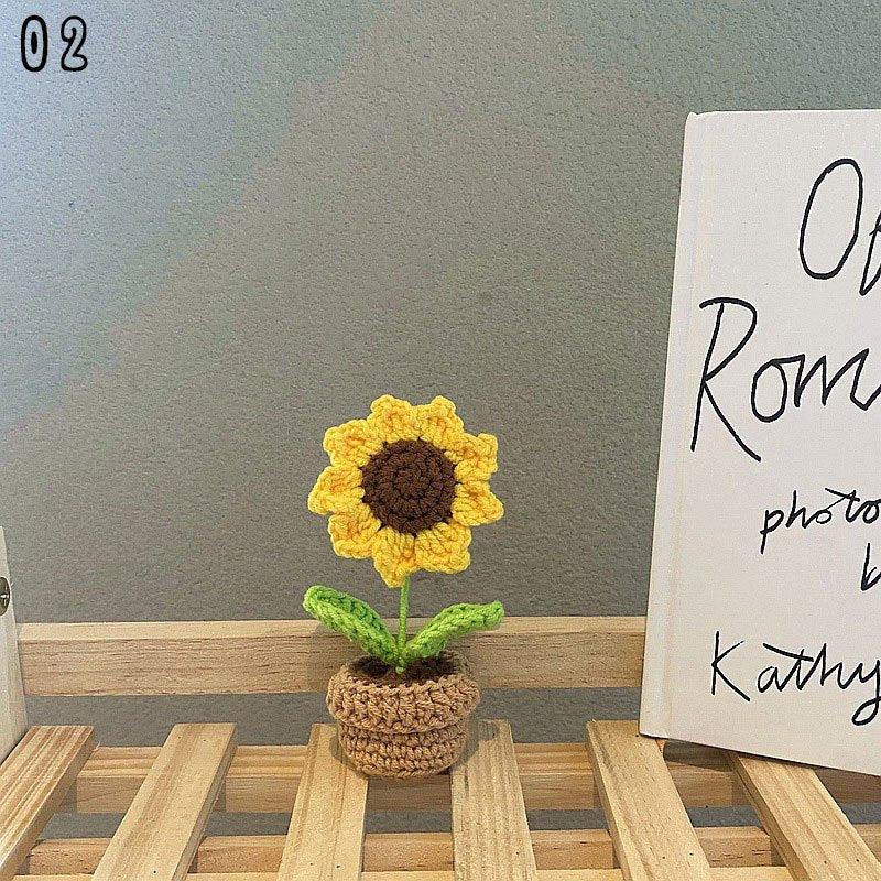 DIY Hand woven Mini Potted Flowers Crochet Artificial Plant Home Office Decor