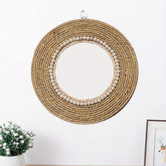 Boho Straw Round Mirror for Home Decor