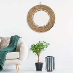 Boho Straw Round Mirror for Home Decor
