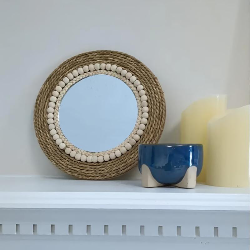Boho Straw Round Mirror for Home Decor