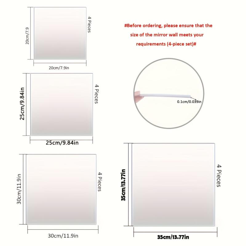 4pcs Mirror Wall Stickers Square DIY Acrylic 3D Wall Decor Self-adhesive Mirror