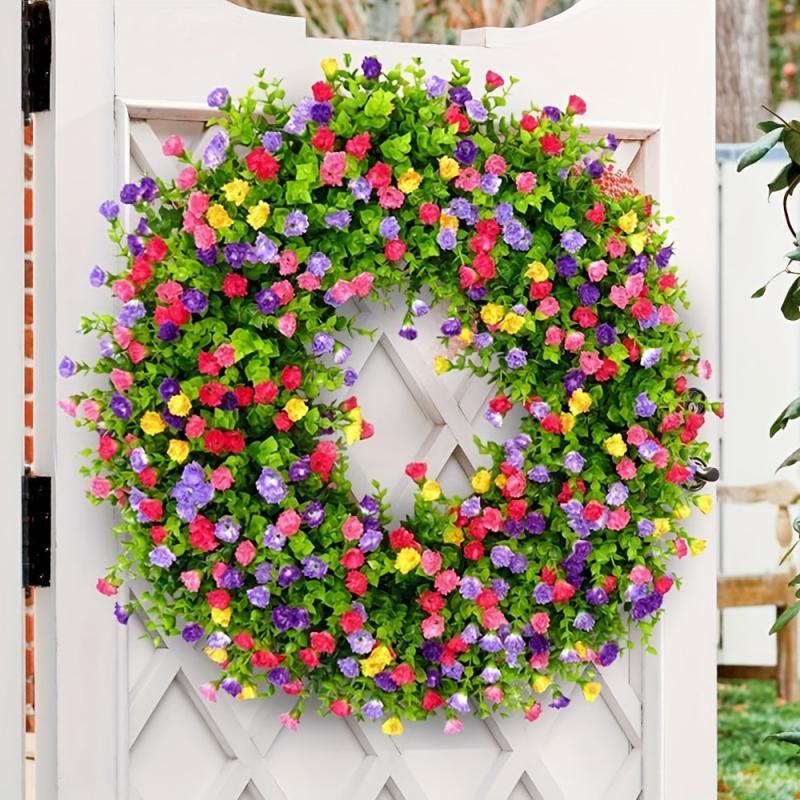 Large 43 Spring Wreath Colorful Silk Flowers Plastic Green Eucalyptus Leaves