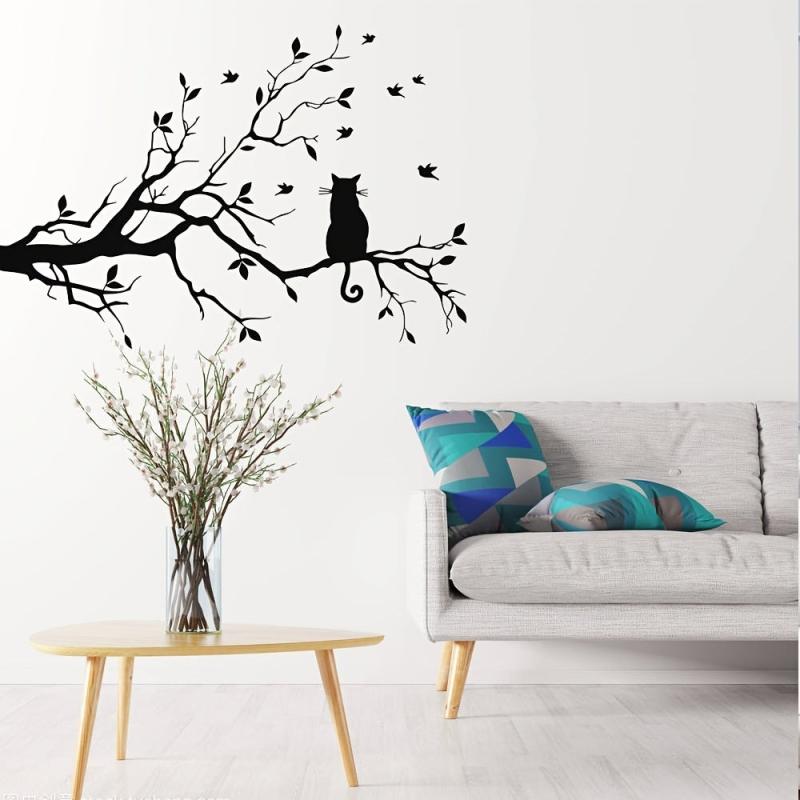 Cat on Tree Branch Wall Sticker for Living Room Decor