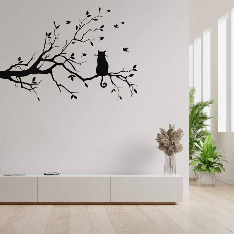Cat on Tree Branch Wall Sticker for Living Room Decor
