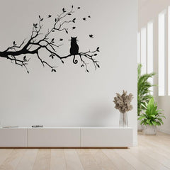 Cat on Tree Branch Wall Sticker for Living Room Decor
