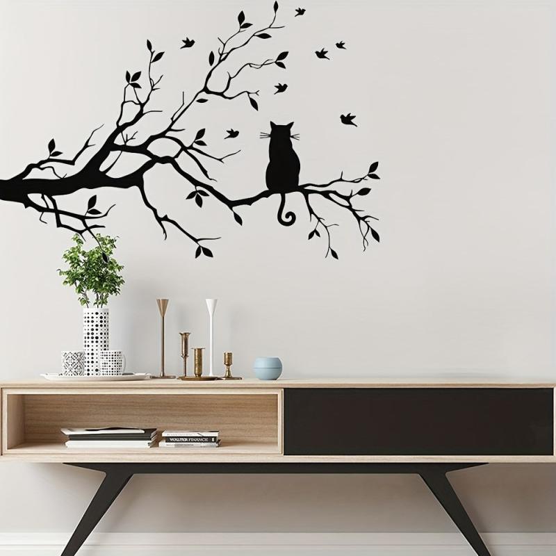 Cat on Tree Branch Wall Sticker for Living Room Decor