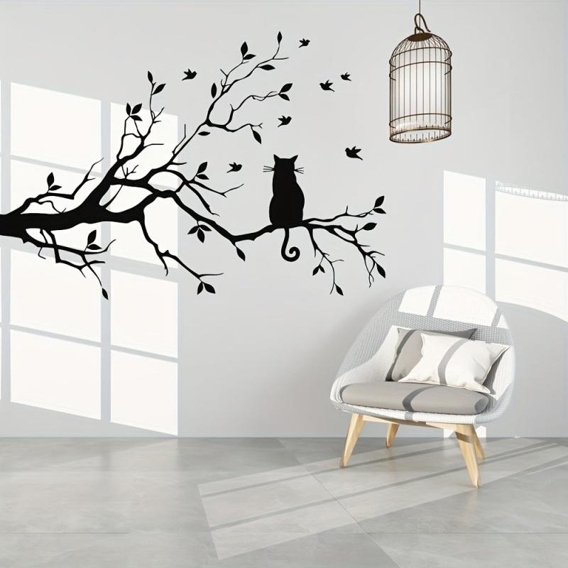 Cat on Tree Branch Wall Sticker for Living Room Decor