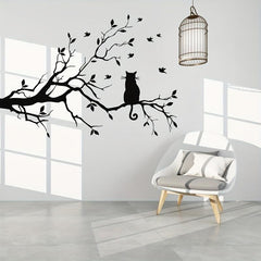 Cat on Tree Branch Wall Sticker for Living Room Decor