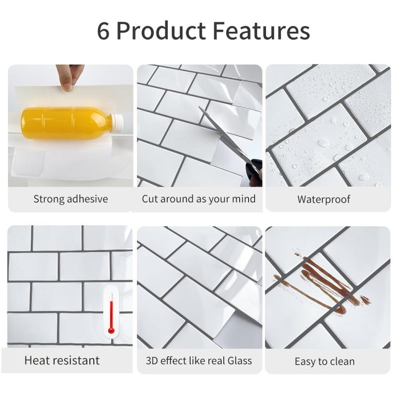 10 Sheets Waterproof 3D Tile Stickers Kitchen Bathroom Backsplash
