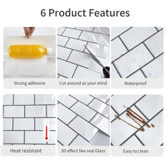 10 Sheets Waterproof 3D Tile Stickers Kitchen Bathroom Backsplash