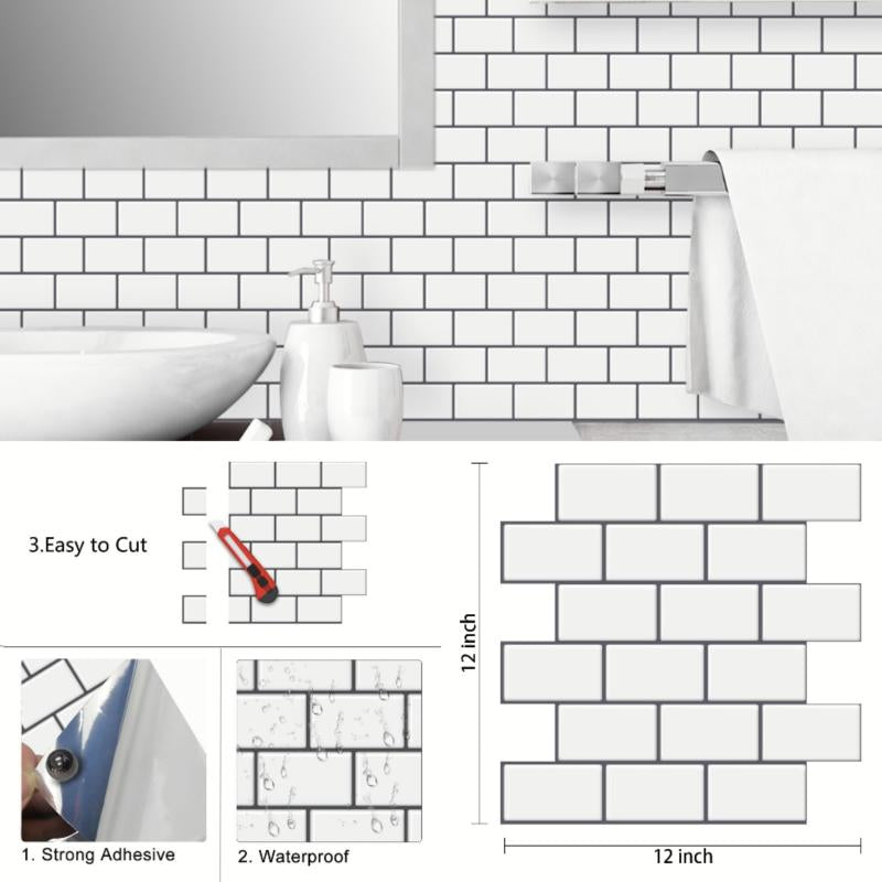 10 Sheets Waterproof 3D Tile Stickers Kitchen Bathroom Backsplash