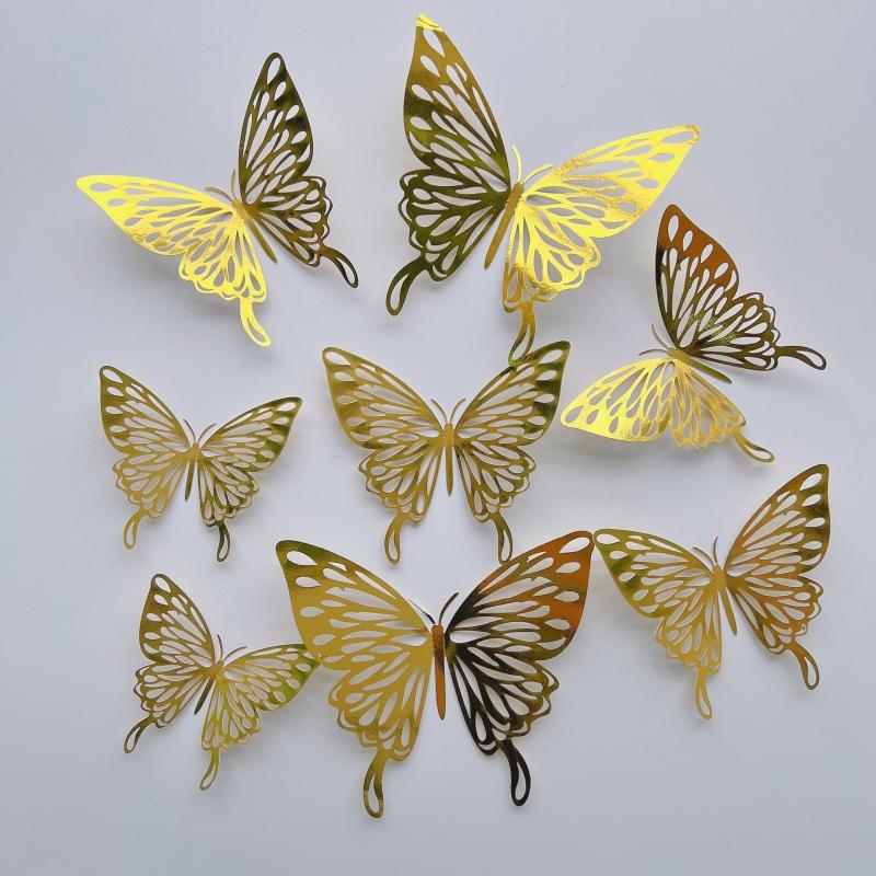 12pcs 3D Metal Texture Hollow Paper Butterfly Stickers Wall Decor Bedroom Home