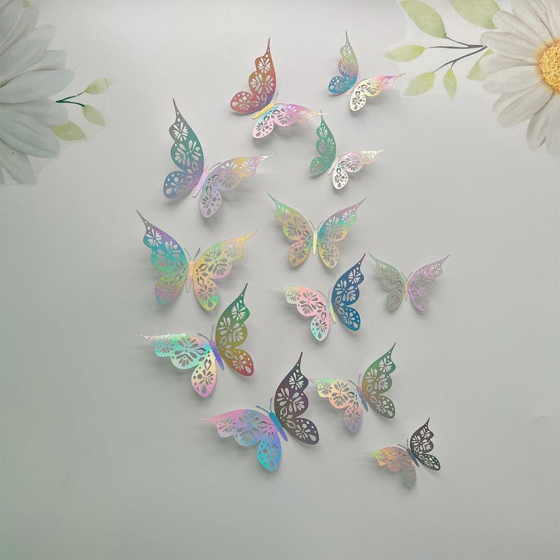12pcs 3D Metal Texture Hollow Paper Butterfly Stickers Wall Decor Bedroom Home