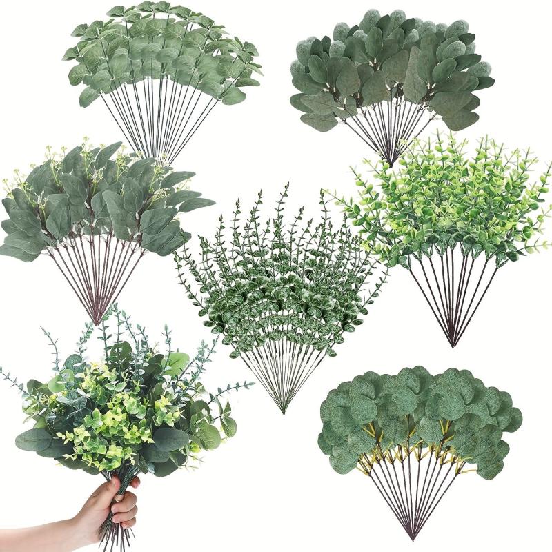60pcs Mixed Eucalyptus Stems Bulk Artificial Silvery Dollar Picks Wedding Vase