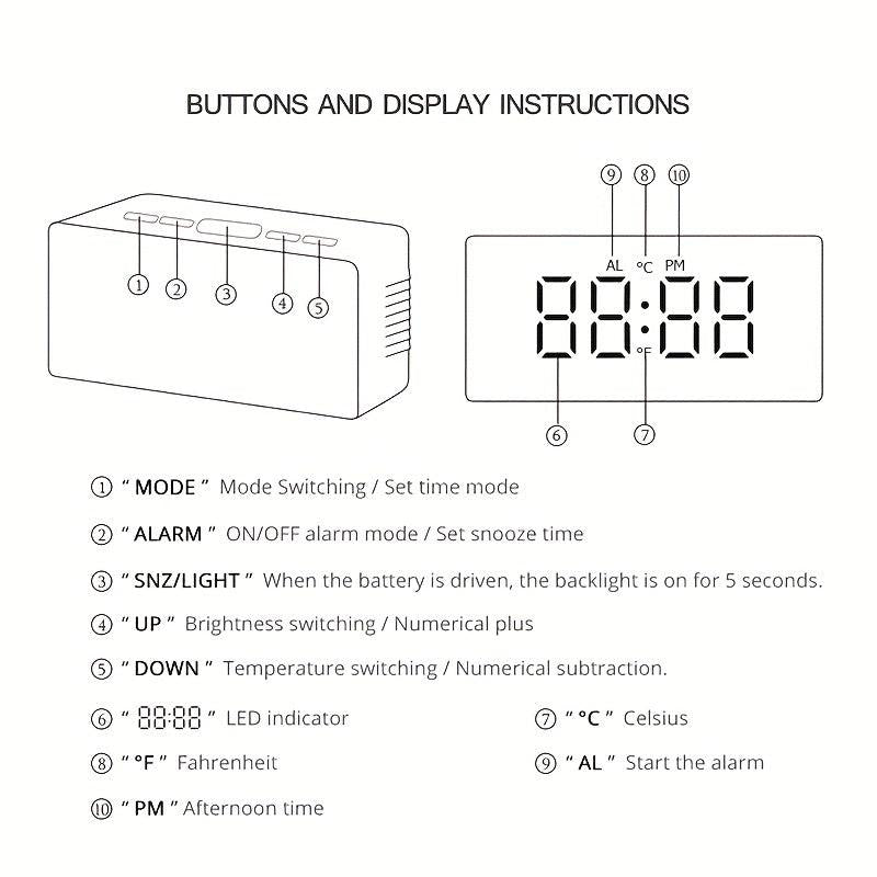 LED Mirror Table Clock with Digital Alarm and Snooze Function