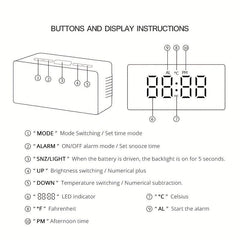 LED Mirror Table Clock with Digital Alarm and Snooze Function
