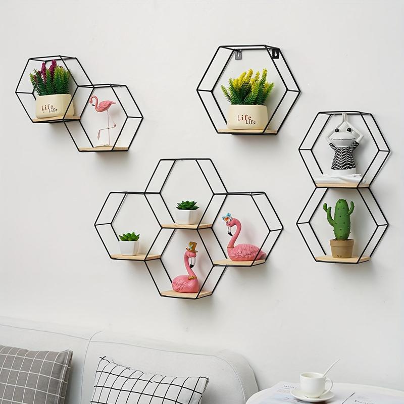 Hexagonal Floating Shelves Modern Metal Wall Shelf Wood Partition Storage