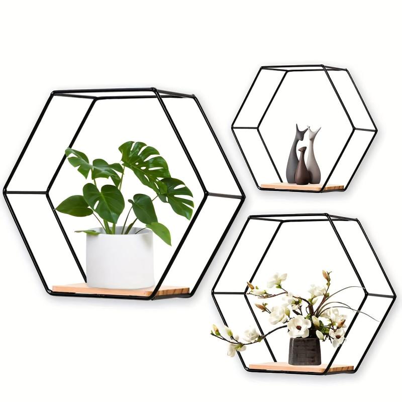 Hexagonal Floating Shelves Modern Metal Wall Shelf Wood Partition Storage