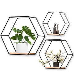 Hexagonal Floating Shelves Modern Metal Wall Shelf Wood Partition Storage