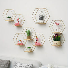 Hexagonal Floating Shelves Modern Metal Wall Shelf Wood Partition Storage