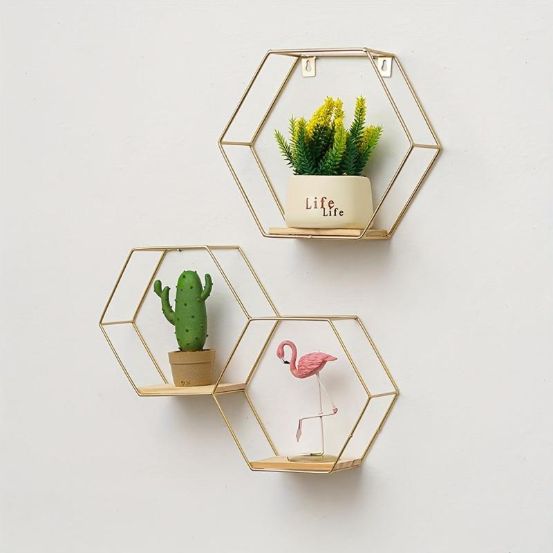 Hexagonal Floating Shelves Modern Metal Wall Shelf Wood Partition Storage