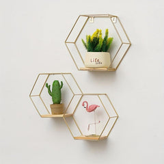 Hexagonal Floating Shelves Modern Metal Wall Shelf Wood Partition Storage