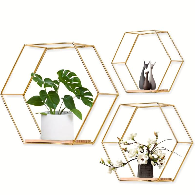 Hexagonal Floating Shelves Modern Metal Wall Shelf Wood Partition Storage