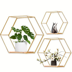 Hexagonal Floating Shelves Modern Metal Wall Shelf Wood Partition Storage