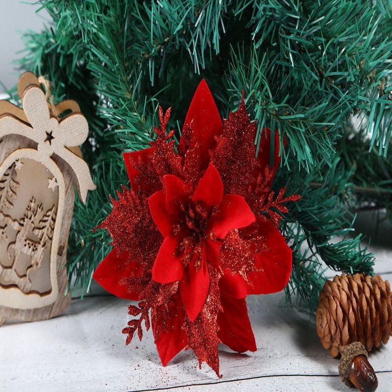 5pcs Gold Poinsettia Artificial Flowers with Clips and Stems for Christmas