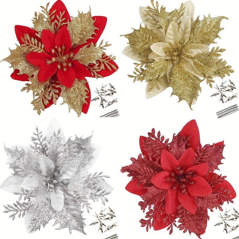 5pcs Gold Poinsettia Artificial Flowers with Clips and Stems for Christmas